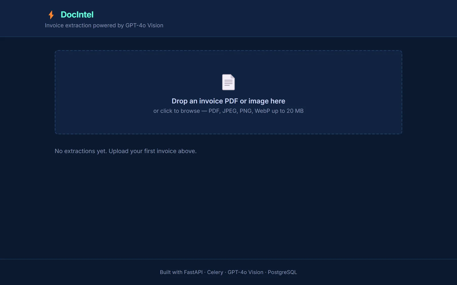 The upload dashboard: a drop zone for invoice PDFs and a recent-extractions table.